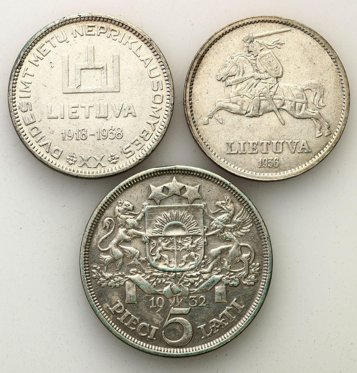 Litwa, Łotwa. 5 Lati 1932, 10 litu 1936, 10 litu 1938, zestaw 3 monet